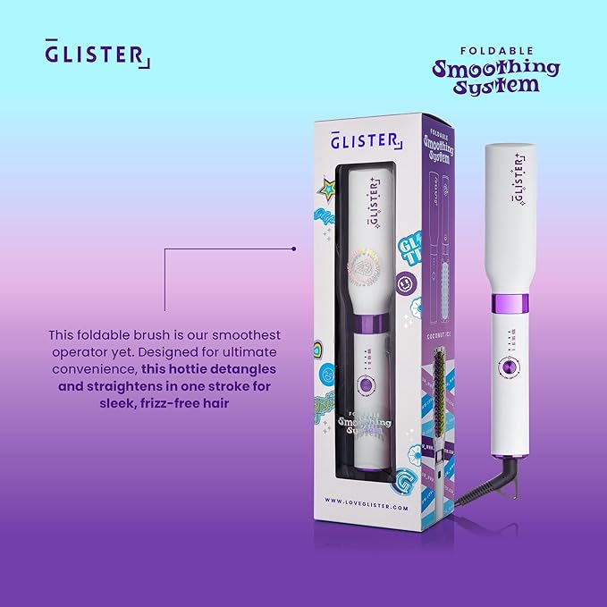 Glister Folding Hair Straightener Brush, Hair Brush for Straightening, Volumizer, Fringe Curler, Styling Comb with Adjustable Temperature - Coconut Ice (White)