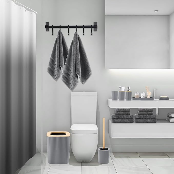XLHOMO Bathroom Set - Grey Bathroom Accessories Set with Shower Curtain, Bath Towels, Soap Dispenser, Toilet Brush, Trash Can, Grey Bathroom Accessories Sets Complete for Housewarming