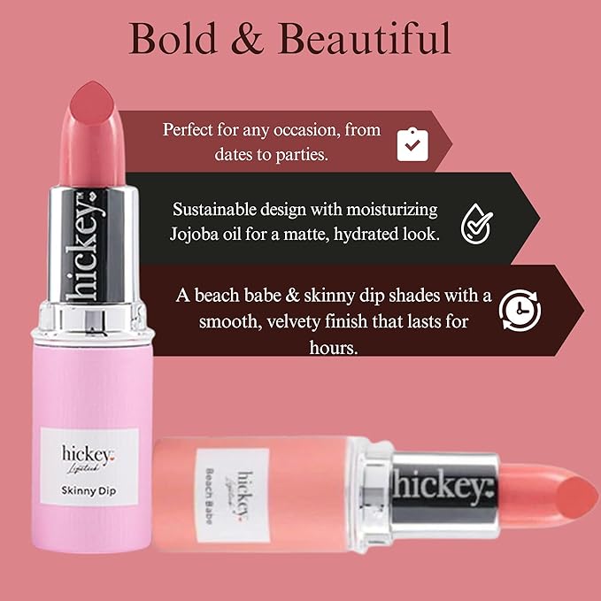 Hickey Lipstick Beach Babe and Skinny Dip Organic Long Lasting Lipstick Refills, Perfect Pink and Coral Colors, Set of 2