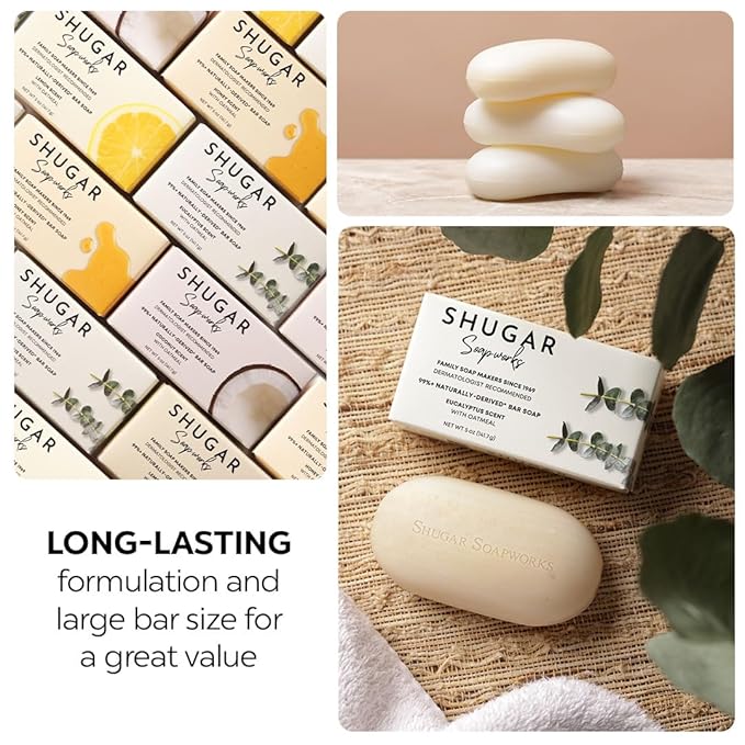 Shugar Soapworks Oatmeal & Eucalyptus 5 oz Beauty Bar Soap 8-Pack | Plant-Based Formula | Sulfate & Paraben Free | Moisturizing Gentle Cleanser for Sensitive Skin, Body & Hands