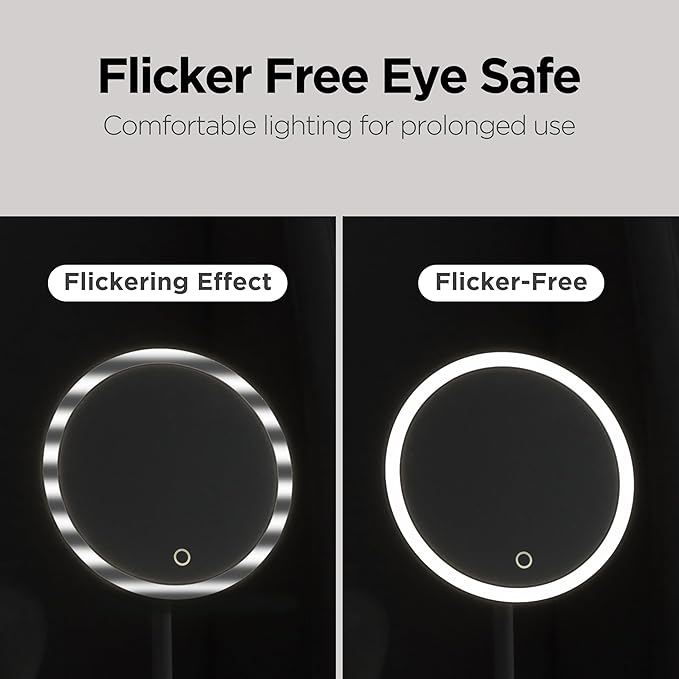 mooas Travel Makeup Mirror, Portable LED Lighted Vanity Mirror, 6.1×7.83 in Slim Foldable Mirror with Touch Control, 3-Color Dimmable Lighting, Rechargeable USB-C, Pouch Included, White (Round)