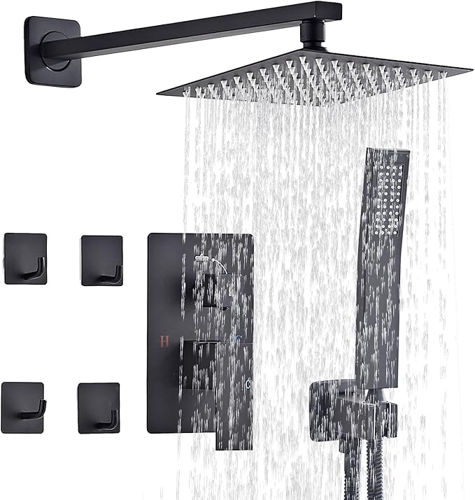 Shower Faucet Set Matte Black Complete Shower System with 8 Inches Rain Shower Head and Handheld Spray Bathroom Rain Shower Faucet Set Rainfall Shower System with Shower Valve（RY3-LYQ2-Black）
