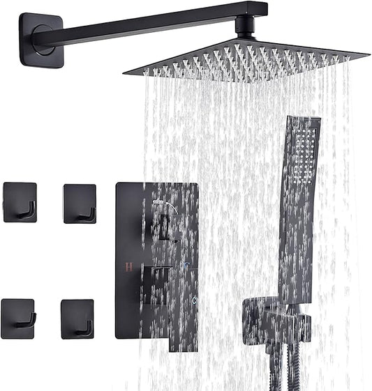 Shower Faucet Set Matte Black Complete Shower System with 8 Inches Rain Shower Head and Handheld Spray Bathroom Rain Shower Faucet Set Rainfall Shower System with Shower Valve（RY3-LYQ2-Black）