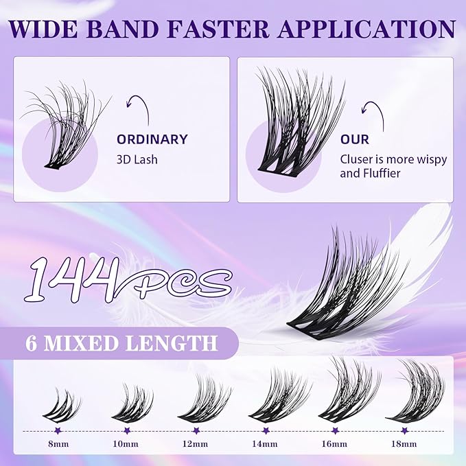 B&Q Lash Clusters Fluffy Wispy Voluminous - 144 PCS Feath5D 02 Layered Individual Cluster Lashes, Feathered Lightweight Eyelash Extensions in 8-18mm, Waterproof False Lashes