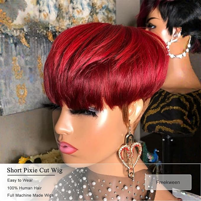 Short Pixie Cut Wig for Black women Human Hair glueless wig for women Burgundy Red with Brown Colored Brazilian Virgin Human Hair Short Layered Wavy Non Lace Front Wigs with Bangs