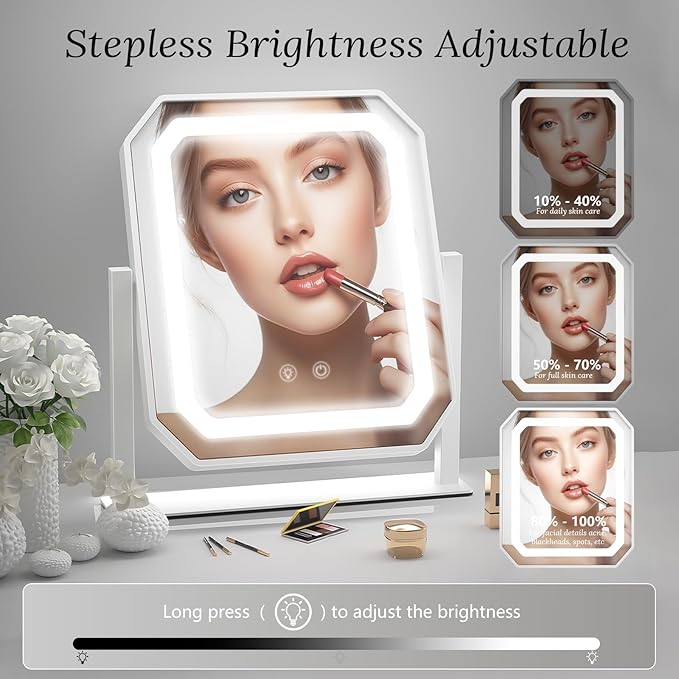 Lighted Makeup Mirror, 3 Colors for Precise Application, Touch Control Brightness Adjustment for Easy Use, with a Detachable 10x Magnifying Mirror, 12" x 10" Hollywood Vanity Mirror for Plug-in Use