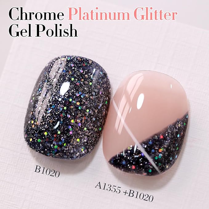 Double Rhythm Gel Polish 15ML Glitter Shimmer Reflective Holographic Color Magnetic for Nail Art Salon DIY at Home (Black-B1020)