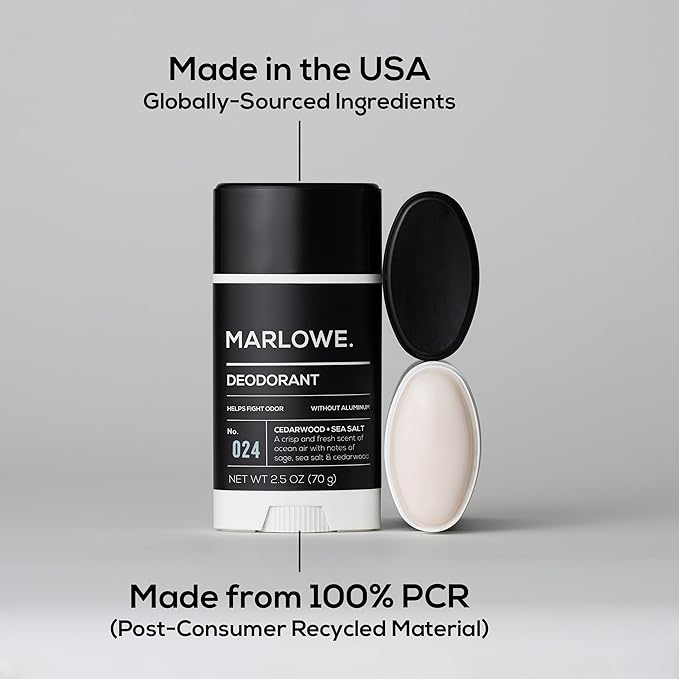MARLOWE. No. 024 Deodorant 2.5 oz, Jojoba Esters, Coconut Oil, Shea Butter & Tapioca Starch for Odor Protection, Formulated without Aluminum & Baking Soda, Fresh & Zesty Cedarwood + Sea Salt Scent