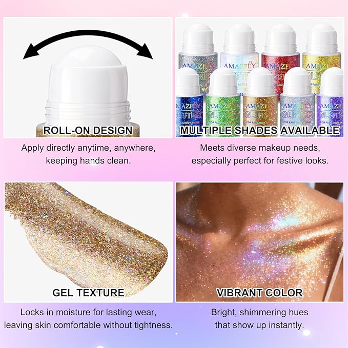 Roll-on Holographic Glitter Gel for Face & Hair, Sparkling Pink Shimmer Makeup, Color Changing Body Glitter for Festivals, Parties & Halloween, Chunky Mermaid Sequins Body Shimmer for Women(Champagne)
