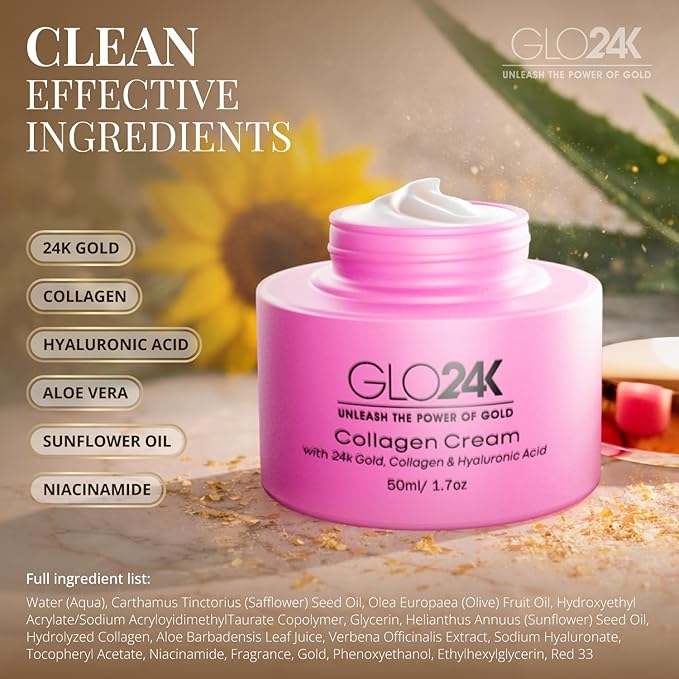 GLO24K Moisturizer Face Cream with 24K Gold, Vitamins – Collagen Retinol Hyaluronic Acid – Hyaluron Acid Cream for Hydration & Overnight Skin Renewal, Night Cream