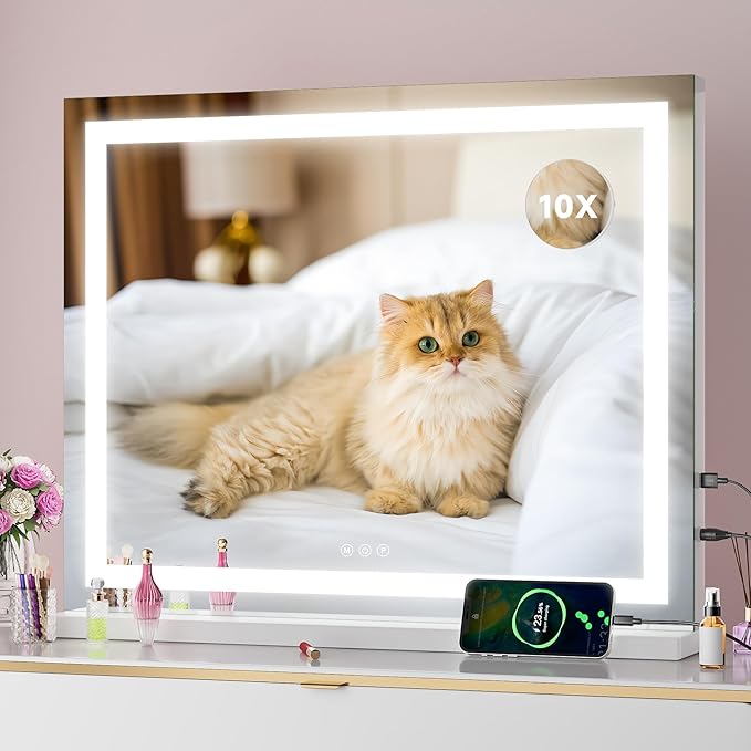 Vanity Mirror with Lights, 23" x 18" LED Makeup Mirror with 10X Magnification, Dimmable 3 Modes, Memory Function, Smart Touch, USB Charging Port, Lighted Makeup Mirror Square White