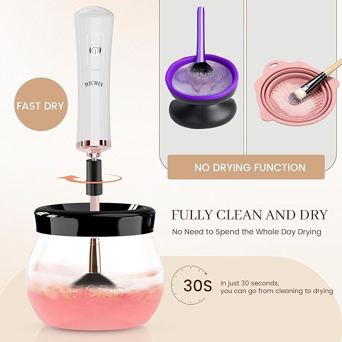 RICRIS Premium Makeup Brush Cleaner Dryer Super-Fast Electric Brush Cleaner Machine Automatic Brush Cleaner Spinner Makeup Brush Tools (White)