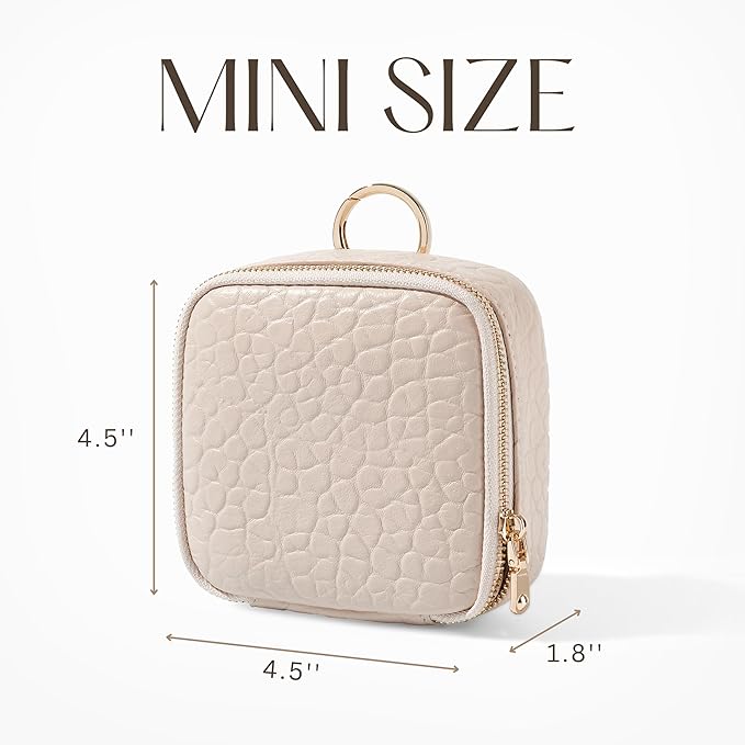 Oaque Small Makeup Bag with Mirror, Genuine Leather Mini Cosmetic Bag for Purse Makeup Pouch with Zipper Mini Toiletry Bag Cute Cosmetic Pouch for School, Travel, Car (Cream White)