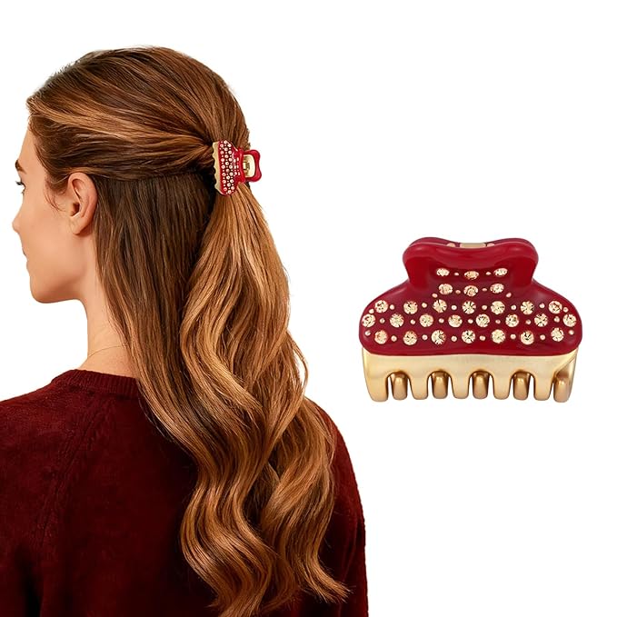 18K Gold Plated Small Claw Clips - 1.7 Inch Cute Rhinestone Hair Clips for Women Girls Thick Thin Hair, Premium French Hair Accessories for Half-Up, Birthday Valentine's Gift for Her, Red