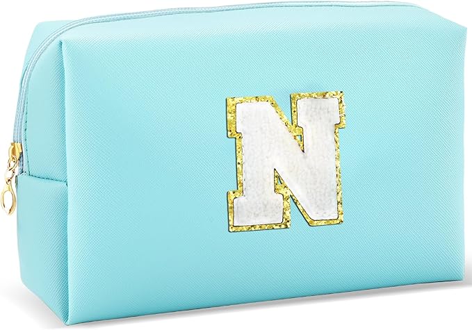URSKYTOUS Gifts for Girls Initial Makeup Bag Personalized Cosmetic Bag with Zipper Cute Travel Toiletry Bag Waterproof PU Preppy Makeup Pouch Birthday Gift for Teen Girls Women(Blue N)