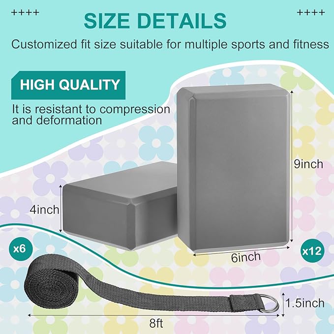 Meooeck 18 Pcs Yoga Block and Strap Set 9 x 6 x 3 Inch EVA Foam Non Slip Brick 8 ft Yoga Straps for Stretching D Ring Design Christmas Fitness Gifts for Women Pilates Workout Exercise