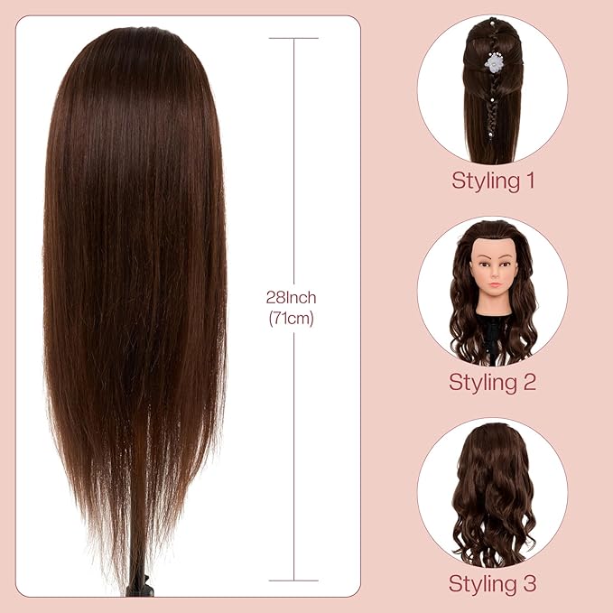 28Inch Mannequin Head Human Hair 60% Real Hair - Mannequin Head Cosmetology with Hair Doll head for hair Styling Braiding Curling, with Table Clamp Styling Set (Dark Brown)