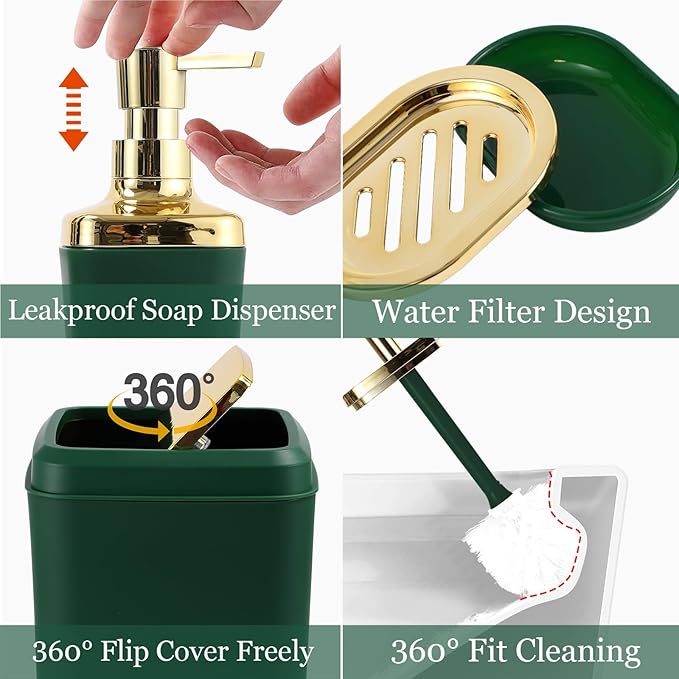 XLHOMO Dark Green Bathroom Accessories, 24 Pieces Green and Gold Bathroom Accessories Set with Shower Curtain, Bath Towels, Trash Can, Soap Dispenser and Soap Dish for Bathroom/Housewarming