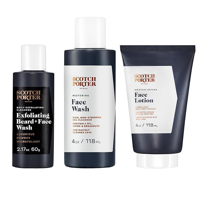 Scotch Porter Men’s Face Care Collection – Exfoliate, Cleanse & Restore, & Moisturize & Defend Skin – Includes Wash, Exfoliating Wash & Lotion