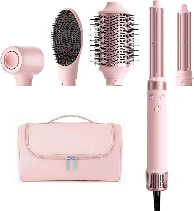 MESCOMB Dual Voltage Hot Air Styler Wrap - 5 in 1 Hair Dryer Brush with Fast Drying Blow Dryer, Styling, Straightening & Volumizing with Travel Bag (100V–240V) -Pink