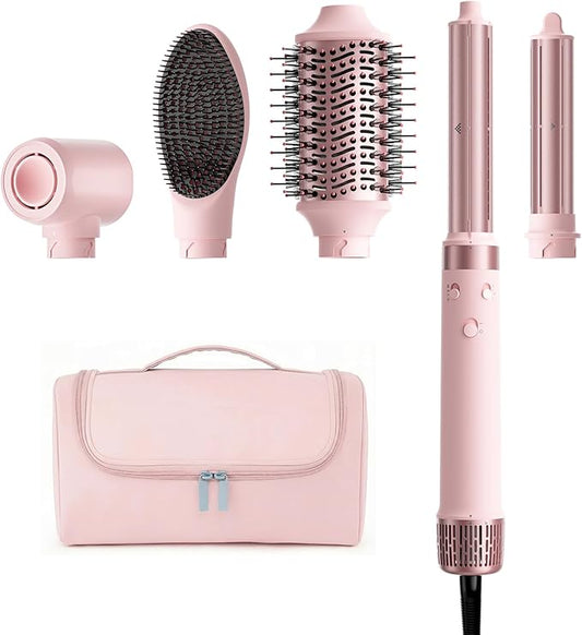 MESCOMB Dual Voltage Hot Air Styler Wrap - 5 in 1 Hair Dryer Brush with Fast Drying Blow Dryer, Styling, Straightening & Volumizing with Travel Bag (100V–240V) -Pink