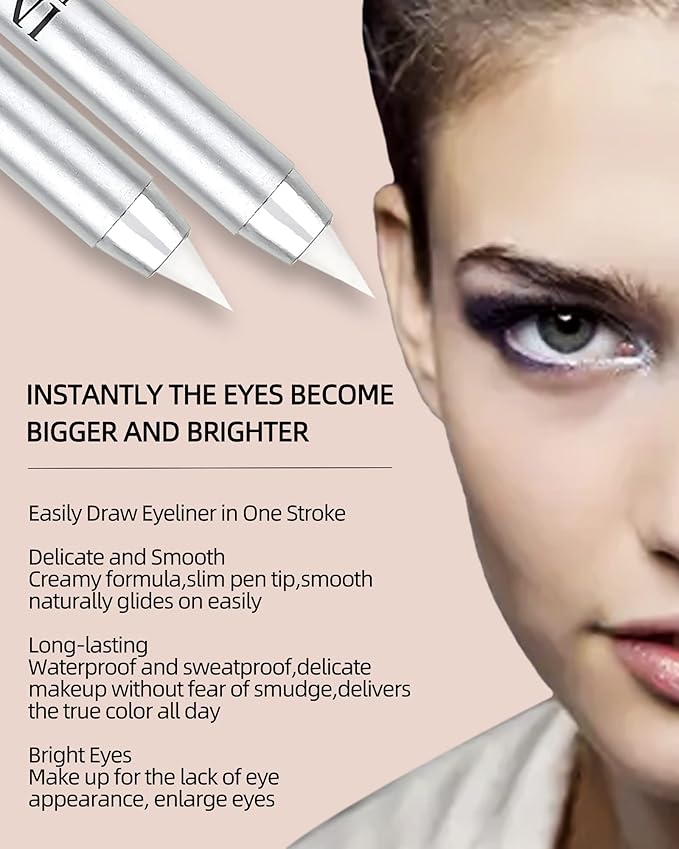 2Pcs White Waterproof Gel Eyeliner Pencil,Highlighter Eye Liner Pencil Natural Matte Long Lasting Super Smooth formula White Eye Liner Eyeshadow Makeup Pens,Eye Brightener Pencil with Pencil Sharpener