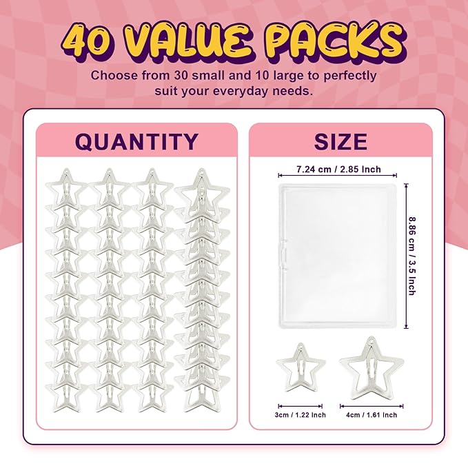 Gold Star Hair Clips, 1.22" and 1.61" Accessories for Girls Women, Metal Barrettes Little Stars Snap Clips Non Slip for Thick Thin Hair 40pcs (Matte Champagne)