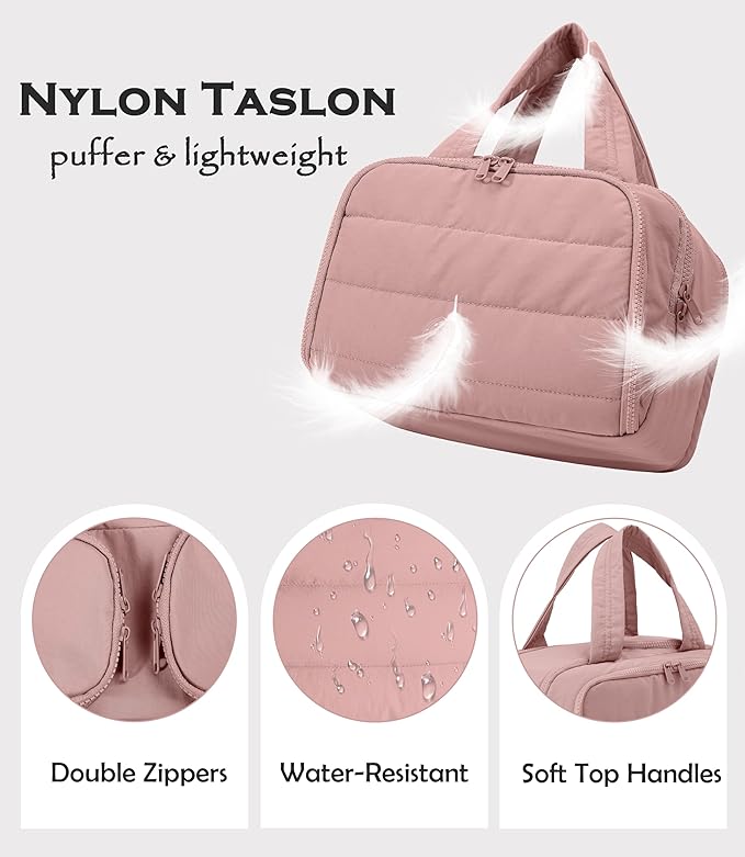 BUZFOWU Travel Toiletry Bag for Women, Large Wide-open Puffy Cosmetic Makeup Bag with Wet-Dry Separation, Multi-Pocket Organizer with Carry Handle for Toiletries, Cosmetics, Essentials, Dark Pink