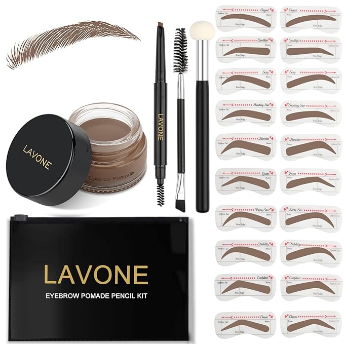 LAVONE Eyebrow Stamp Stencil Kit, Brow Stamp Trio Kit with Waterproof Eyebrow Pencil, Pomade, 20 Eyebrow Stencils, Dual-ended Eyebrow Brush and Sponge Applicator - Brown