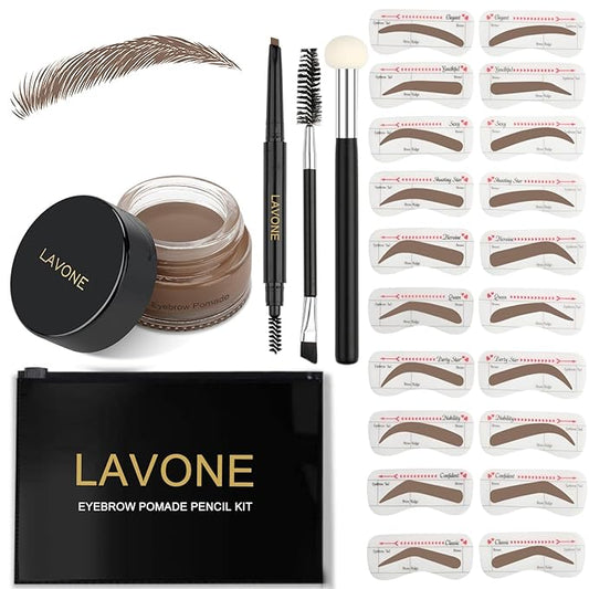 LAVONE Eyebrow Stamp Stencil Kit, Brow Stamp Trio Kit with Waterproof Eyebrow Pencil, Pomade, 20 Eyebrow Stencils, Dual-ended Eyebrow Brush and Sponge Applicator - Brown