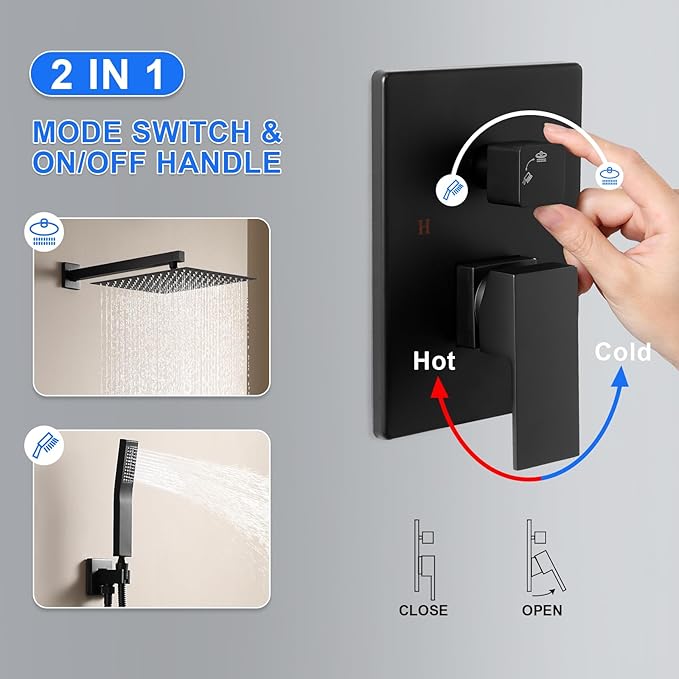 POPFLY 12 Inch Rainfall Shower System with Handheld Spray – Matte Black 2-Function Wall Mounted Faucet Set, Extra Long Shower Arm & Solid Brass Rough-in Valve (Trim Kit Included）