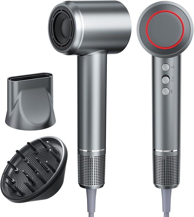 2026 Hair Dryer, Blow Dryer with Diffuser - 200,000 RPM High-Speed Ionic Technology for Women and Man, 1200M Negative Ions & Brushless Motor, Low Noise Design with Magnetic Nozzle Attachments (Gray)