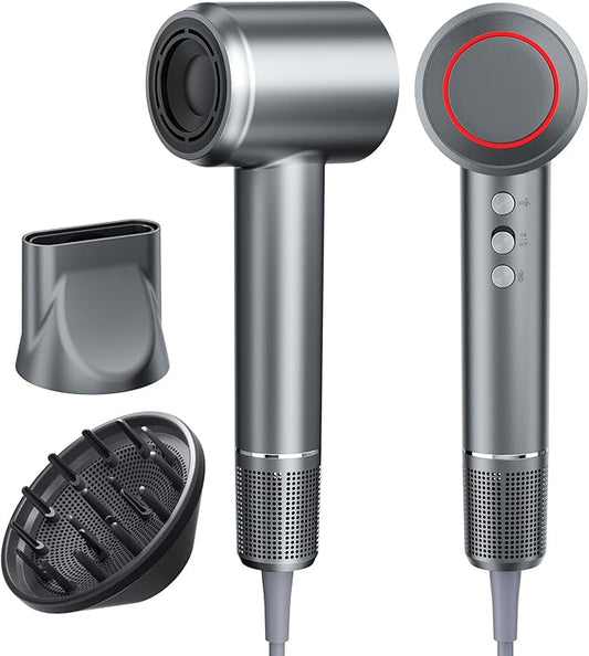 2026 Hair Dryer, Blow Dryer with Diffuser - 200,000 RPM High-Speed Ionic Technology for Women and Man, 1200M Negative Ions & Brushless Motor, Low Noise Design with Magnetic Nozzle Attachments (Gray)