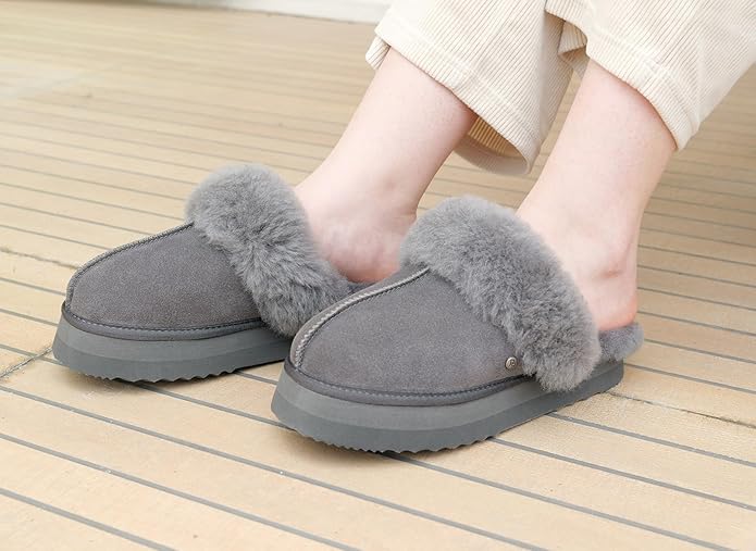 Parfeying Women's Shearling Slippers Genuine Leather with Rubber Sole, Sheepskin Fuzzy Indoor Outdoor Shoes for Home