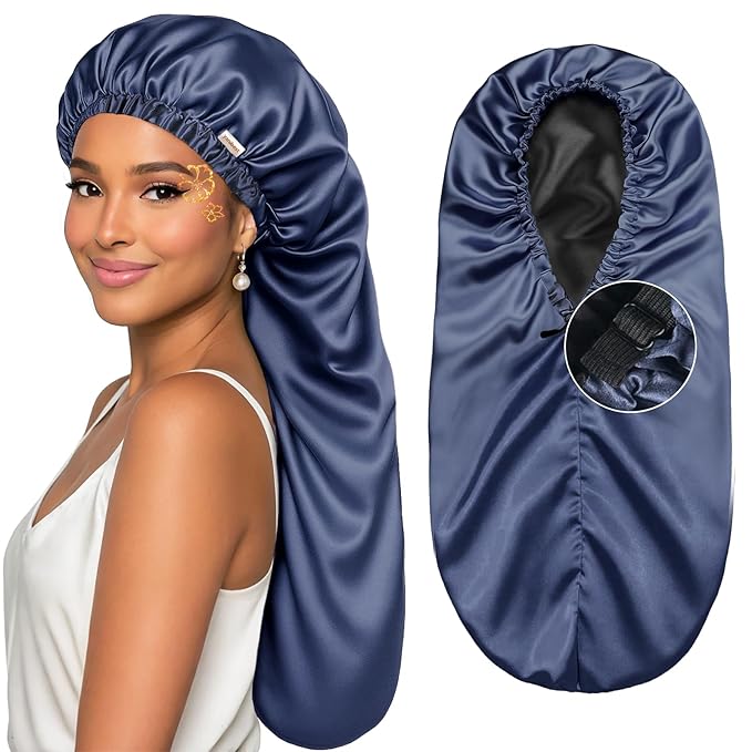 YANIBEST Long Bonnet Braid Bonnet for Sleeping Adjustable Satin Silk Bonnet for Braids Sleep Bonnet for Women Locs Navy