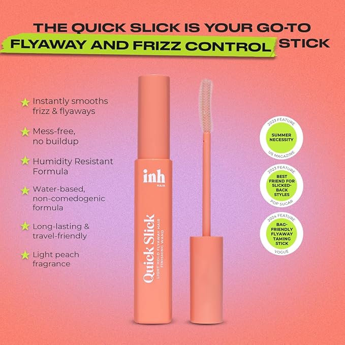 INH Hair Mascara for Flyaways | Quick Slick Hair Finishing Stick for Flyaways, Frizz Control, & Slick Back Look | Non Greasy & Non Comedogenic Smoothing Serum & Frizz Tamer Wand | Peach Tart, 18ml