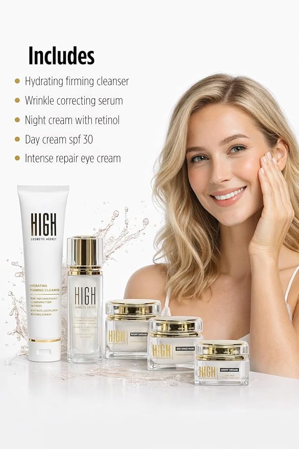 Skin Care Set (5 Pcs) Eternity by High Cosmetic Agency, Complete Anti-Aging Kit with Retinol Night Cream, Vitamin C Serum, Hydrating Cleanser, Eye Cream & Day Moisturizer with SPF 30