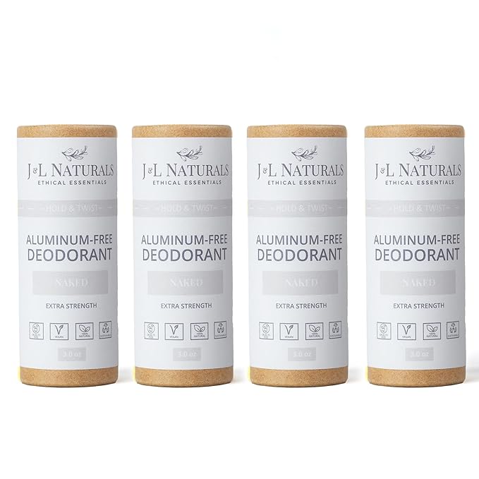 J&L Naturals Aluminum Free Deodorant for Men & Women | 100% Natural Ingredients With Coconut Oil, Shea Butter, & Essential Oils | Sustainable, Eco-Friendly (Naked (Unscented), 3.0 Oz (Pack of 4))