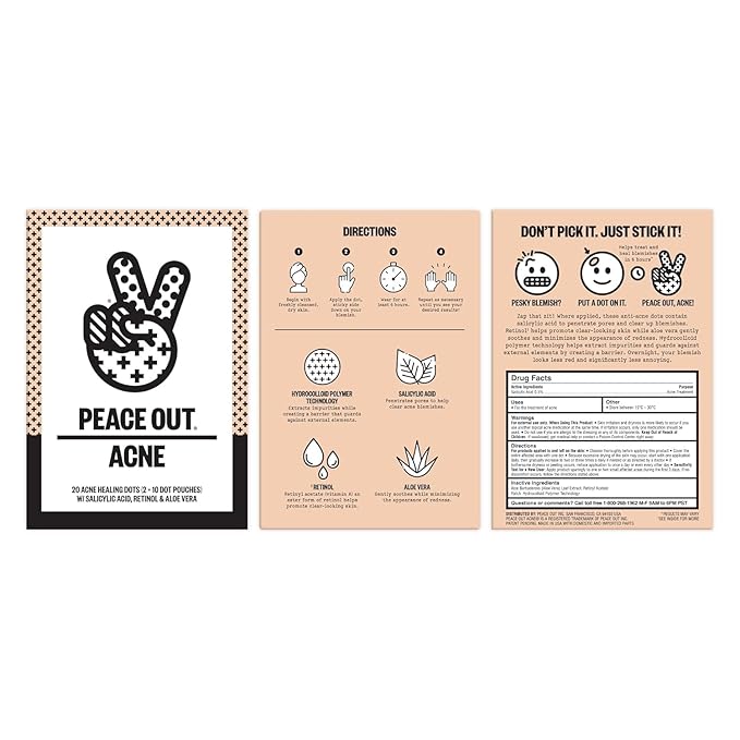 PEACE OUT Acne Healing Dots Hydrocolloid Pimple Patches, Acne Spot Treatment with Salicylic Acid, Retinol, and Aloe Vera for Blemishes and Breakouts, 20 Count