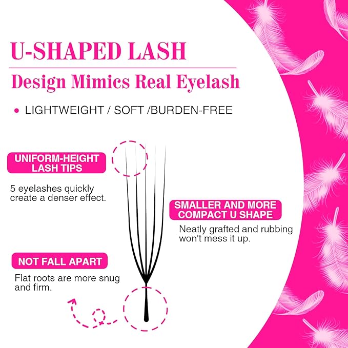 TDANCE U Lash Extensions 2D 3D 4D 5D UU Lash Fans Eyelash Extension U Shaped Natural Volume Lashes Extension Soft Matte Black Lashes(UU-5D-0.07-C,8-15mm)