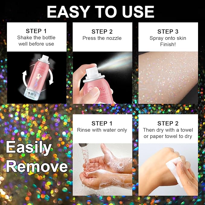 Holographic Body Glitter Spray - Silvery Shiny Shimmer for Hair, Face & Clothes | Quick-Drying, Long-Lasting Glitter Hairspray Temporary Shiny Mist for Festival, Rave, Music Concert, Prom Accessories
