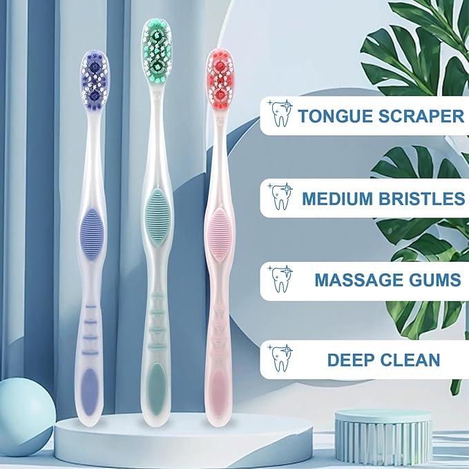 Adult Toothbrushes Medium 6 Pack | Medium Toothbrush for Adults with Tongue Scraper & Ergonomic Handle | Individual Packaging Travel Toothbrush BPA-Free, Assorted Colors