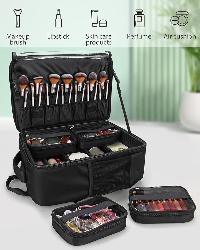 TANTO Makeup Backpack, Makeup Artist Bag Professional Cosmetic Bag with 4 Bag Extra Large Travel Train Case Double-Layer Make up Storage Organizer Cosmetic Brush Case with Adjustable Divider (Black