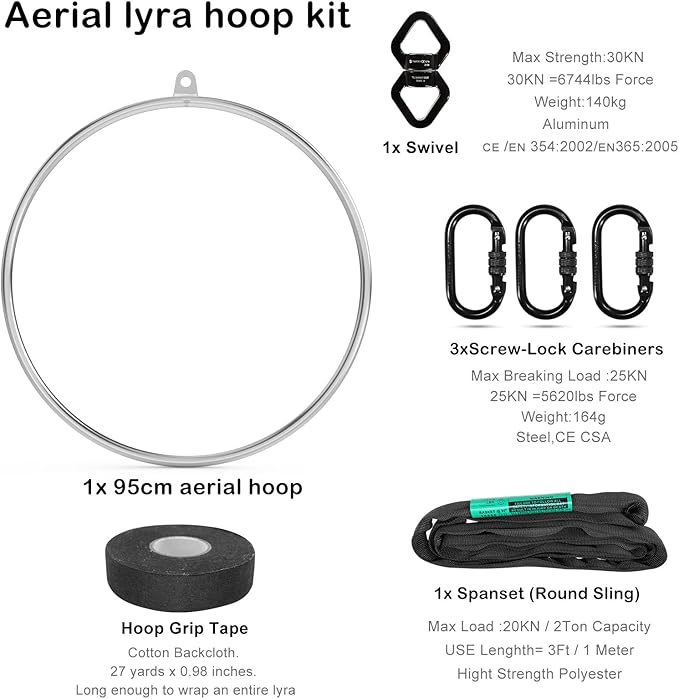 Complete Lyra Aerial Hoop Kit -Aerial Rings Equipment (32mm tube 3ft Spanset