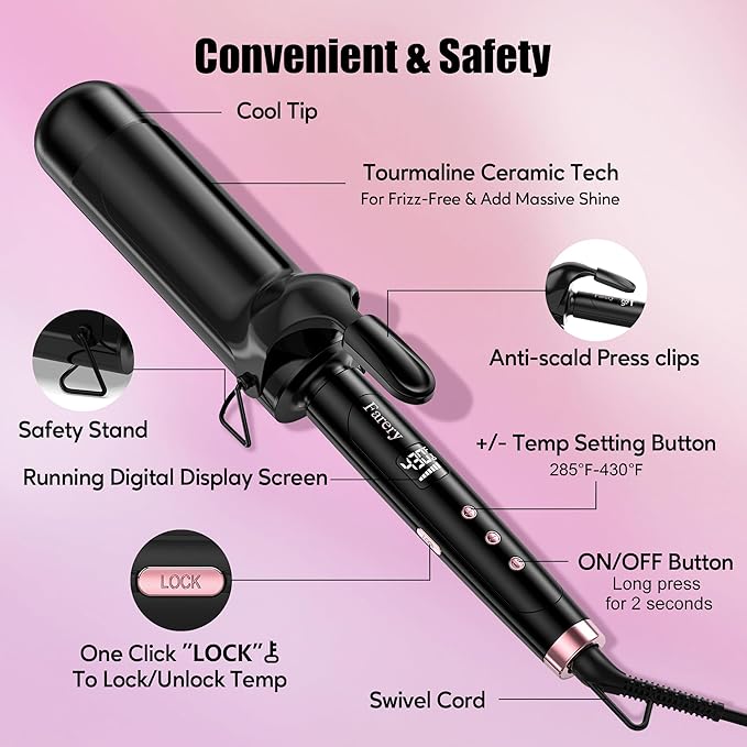 Farery 2 inch Curling Iron For Long Hair, Lightweight Large Barrel Curling Iron 2 Inch, Ceramic Curling Wand Infused Argan Oil & Keratin for Bouncy Big Curls, 9 Temps Digital Display & Lock Key, Glove