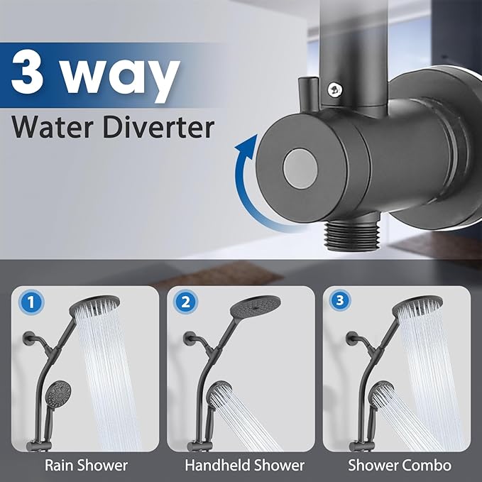UCLIMAA High Pressure Shower Head with Handheld Shower, 26" Adjustable Height Drill-Free Slide Bar, 3-Way Diverter for Easy Reach, Dual Shower Head Combo Set with 5ft Hose - Matte Black