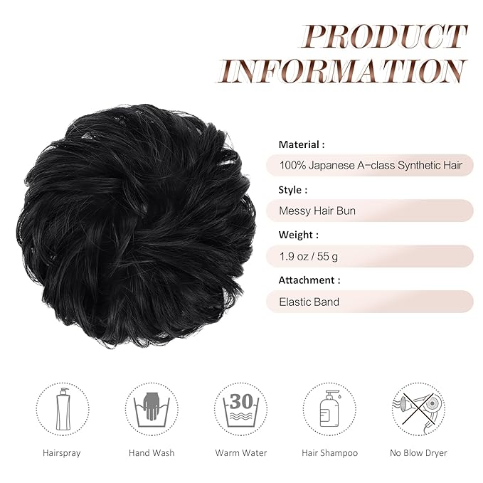 FESHFEN Messy Bun Hair Piece - Wavy Synthetic Chignon Scrunchies for Instant Volume, Elastic Bun Ponytail Hair Extensions Thick Hairpieces for Women, Black 1.50 oz