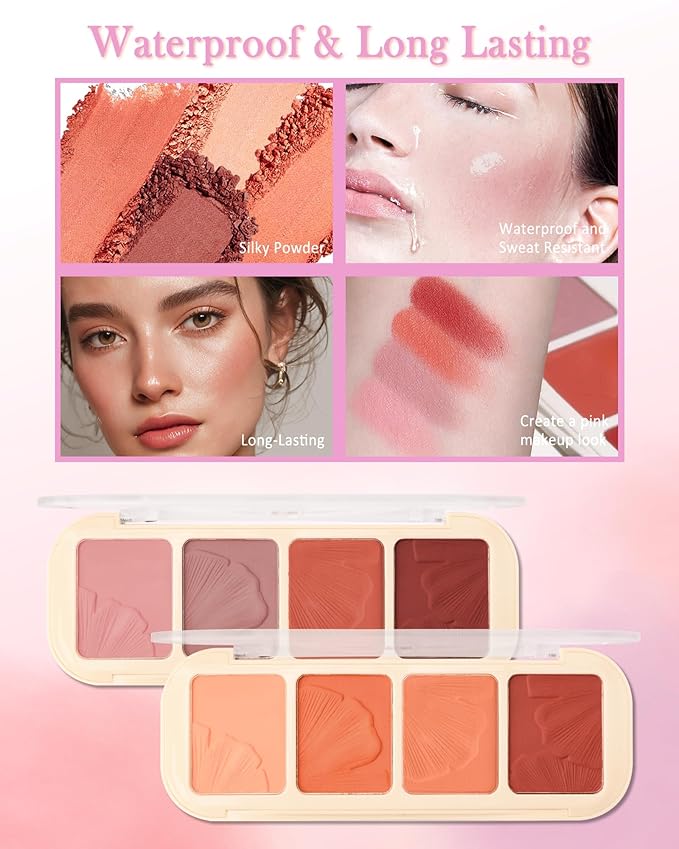 Matte Face Blush Palette Kit with Brush-4 Color Pink Plum Orange Silky Mineral Blendable Blusher Contour Powder for Cheek,Longlasting Facial Beauty Valentine's Women’s Day Makeup Gift for Women-01