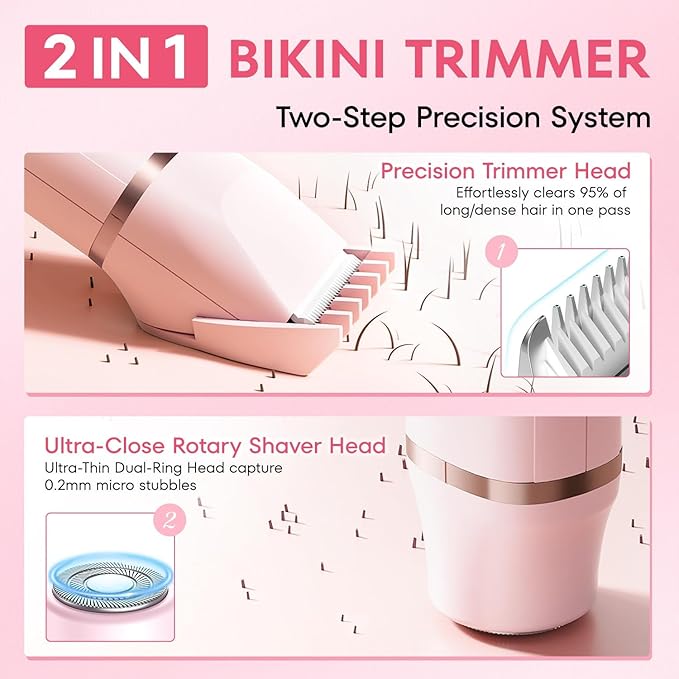 VG VOGCREST Bikini Trimmer for Women: 2-in-1 Painless Body Shaver for Underarm Leg Arm with Length Combs - Portable Travel Friendly Pubic Grooming Kit with Charging Dock (Pink)