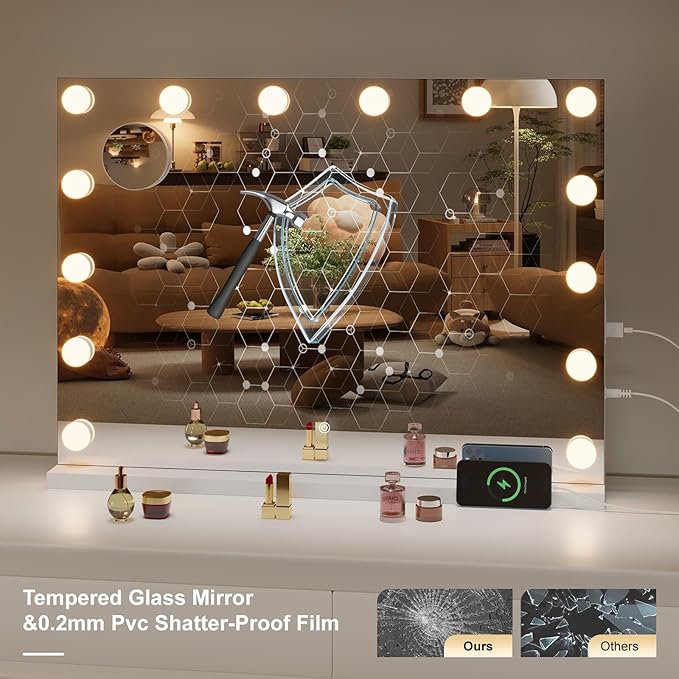 Hasipu Hollywood Vanity Mirror with Lights, 47" x 35" Makeup Mirror with 24 Dimmable LED Bulbs 3 Color Modes & Detachable, 5X Magnifying Glass, Touch Control, USB and Type-C, Tempered Glass